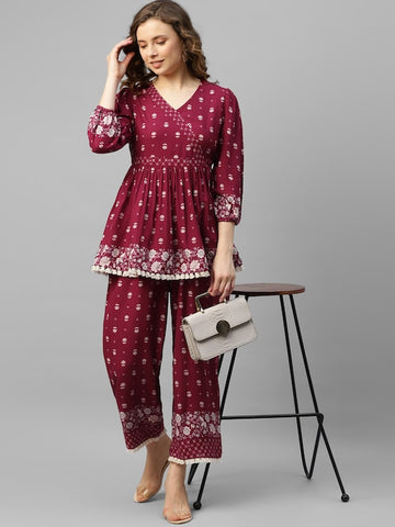 Maroon Printed Women's Co-Ord Set