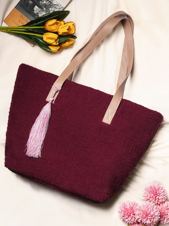 Maroon Jacquard Self Design Tote Bag with Tassel Detail