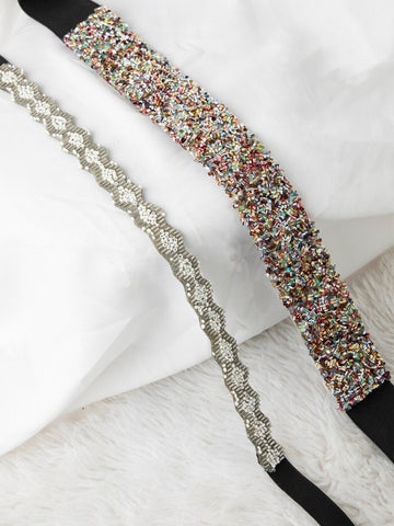 Set Of 2 Women's Silver-Toned Embellished PU Belt