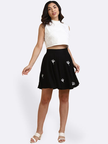 Women's Black White Embroidered Rayon Flared Mini Skirt