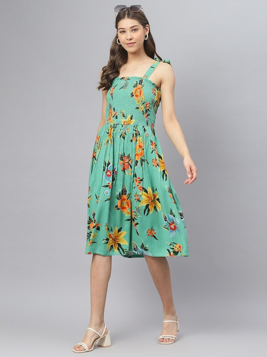 Women's Sea Green Yellow Floral Printed Smocked Flared Dress
