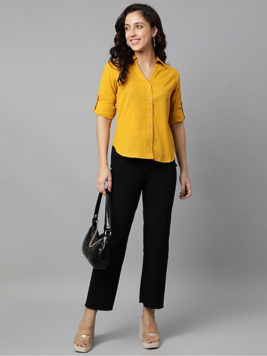 Women's Yellow Premium Roll-Up Sleeves Casual Shirt