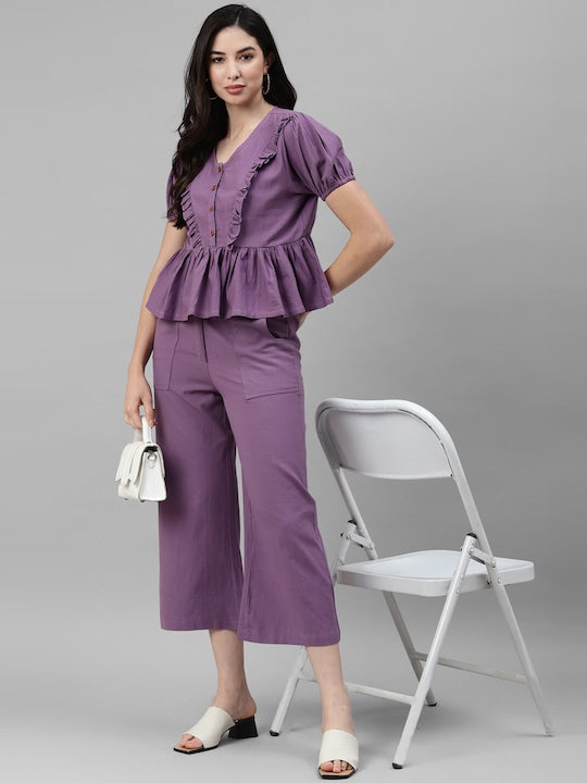 Solid Lavender Cotton Pants With Pockets