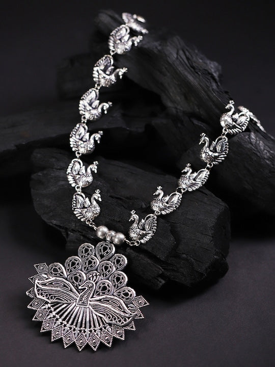 Silver-Plated Oxidised Peacock Necklace