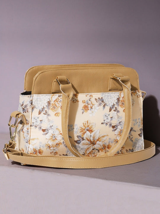 Beige Printed Structured Handbag