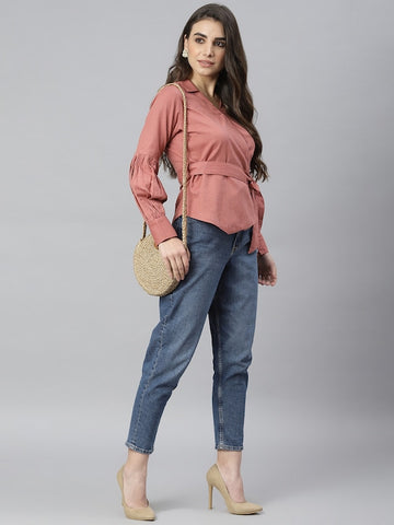 Assymetrical Pink Cotton Kimono Top With Belt