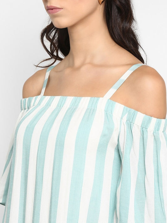 Blue White Striped Rayon Cold Shoulder A-Line Maxi Dress