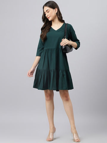 Women's Green Solid Polyester V-Neck Fit Flare Dress
