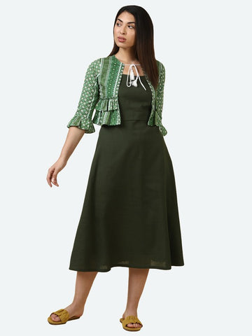 Green A-Line Cotton Midi Dress With Shrug