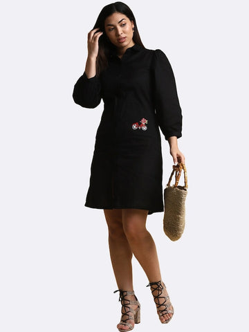 Black Shirt Dress with Embroidery