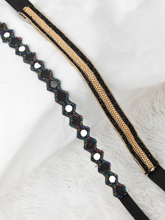 Women's Zig-Zag Black & Golden Embellished 2 PU Belt