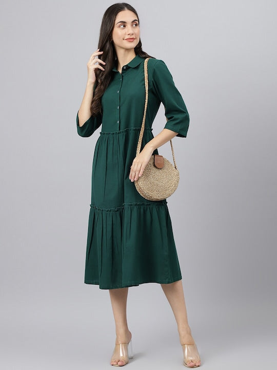 Bottle Green Collared Tiered Dress