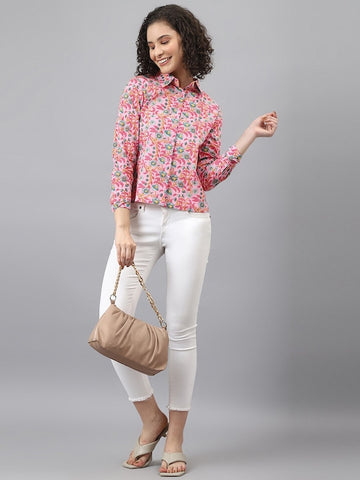 Women's Pink Floral Printed Premium Cotton Casual Shirt