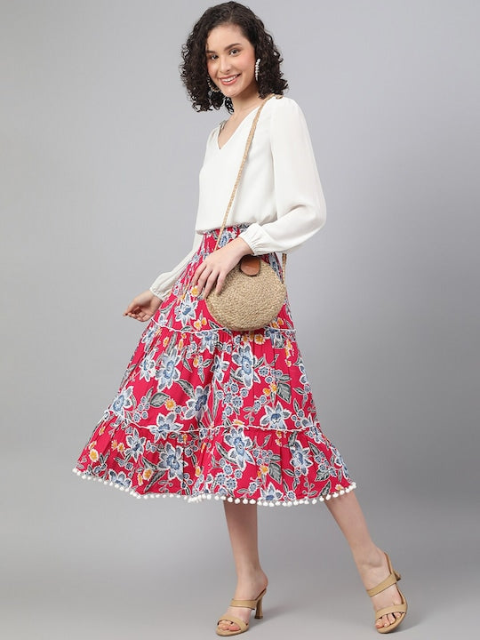 Women's Red Floral Printed Smocking Tiered Midi Skirt