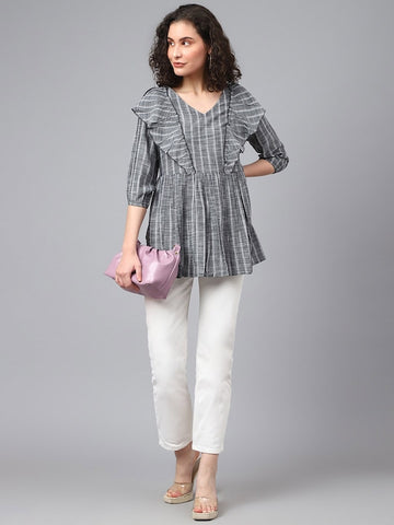 Striped With Front Frill Peplum Top
