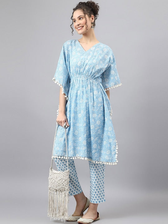 Women's Blue Floral Printed Pure Cotton Kurta With Trousers