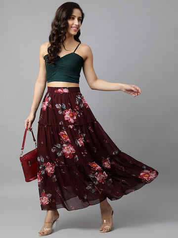 Maroon Printed Tiered Maxi Skirt