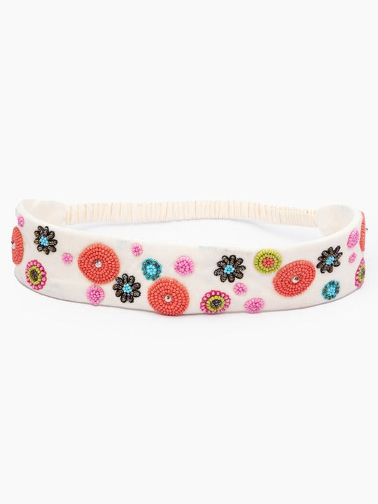 Women's Cream-Coloured Pink Floral Embellished Chill Wrap Headband