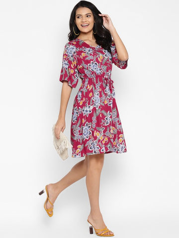 Red Floral Elasticated Dres