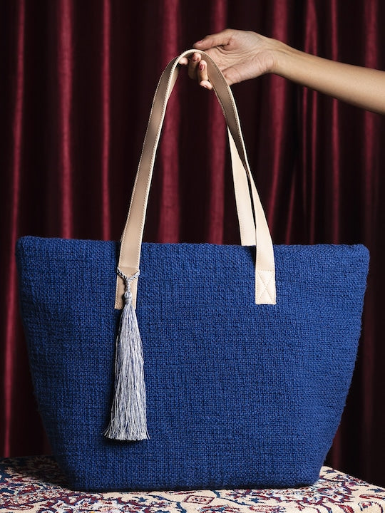 Navy Blue Jacquard Self Design Tote Bag with Tassel Detail
