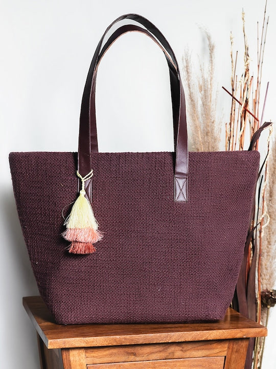 Chocolate Brown Jacquard Self Design Tote Bag with Tassel Detail