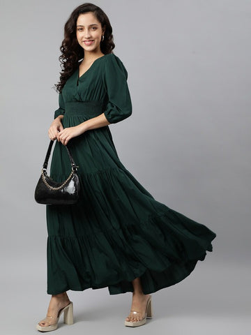 Women's Solid Green Polyester A-Line Tiered Maxi Dress