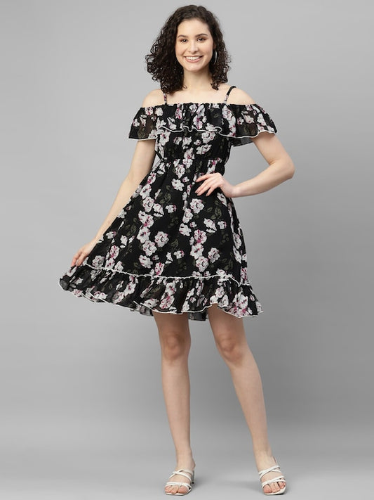 Women's Off Shoulder Floral Print Georgette Dress