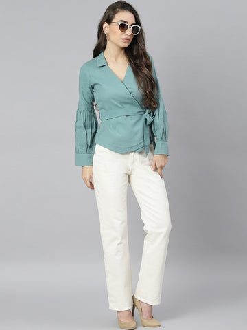 Teal Blue Cotton Wrap Top With Belt