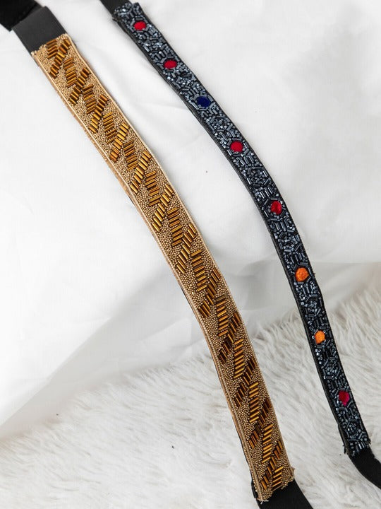 Set Of 2 Women's Black Embellished PU Belt