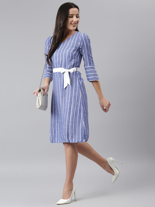 Blue White Striped Belted A-Line Dress