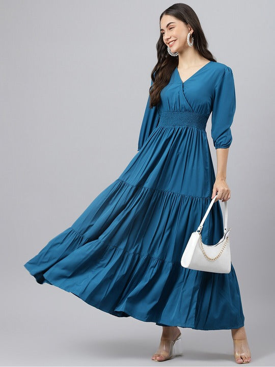 Blue A-Line Tiered Maxi Dress