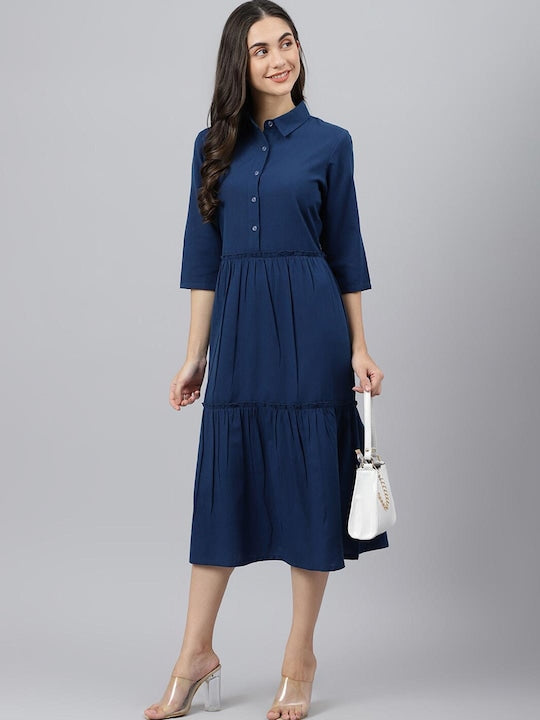 Navy Blue Collared Tiered Dress