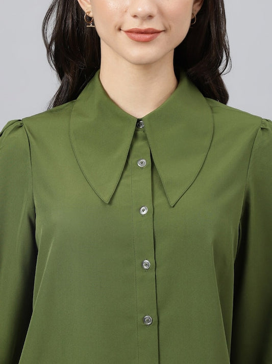 Olive Green Shirt With Wing Collar
