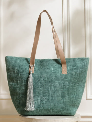 Sea Green and Off – White Jacquard Self Design Tote Bag with Tassel Detail
