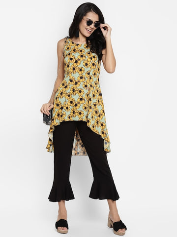 Sea Green Mustard Yellow Floral Poly Cotton High-Low Longline Top