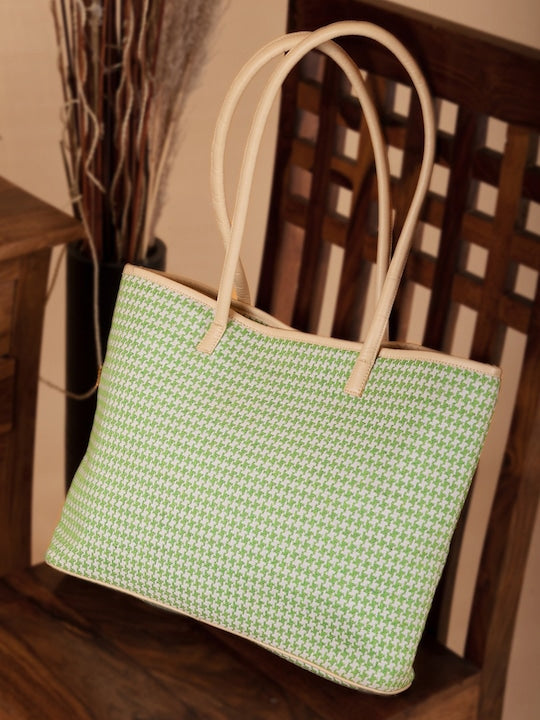 Green and White Jacquard Self Design Tote Bag with Tassel Detail