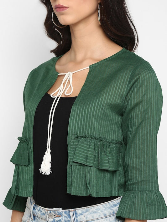 Women's Green Striped Ruffled Cotton Crop Tie-Up Shrug