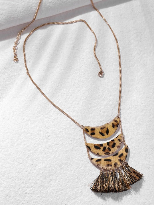 Beige Rose Gold-Plated Leather Patched Tassel Neckpiece