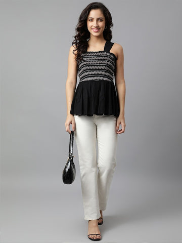 Women's Black White Fit And Flare Embroidered Top