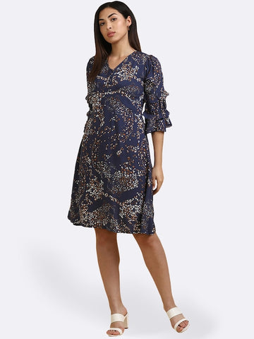 Women's Blue Printed A-Line Dress With Bell Sleeves