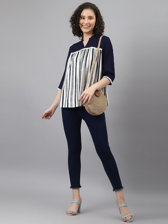 Navy Blue Striped Flared Top
