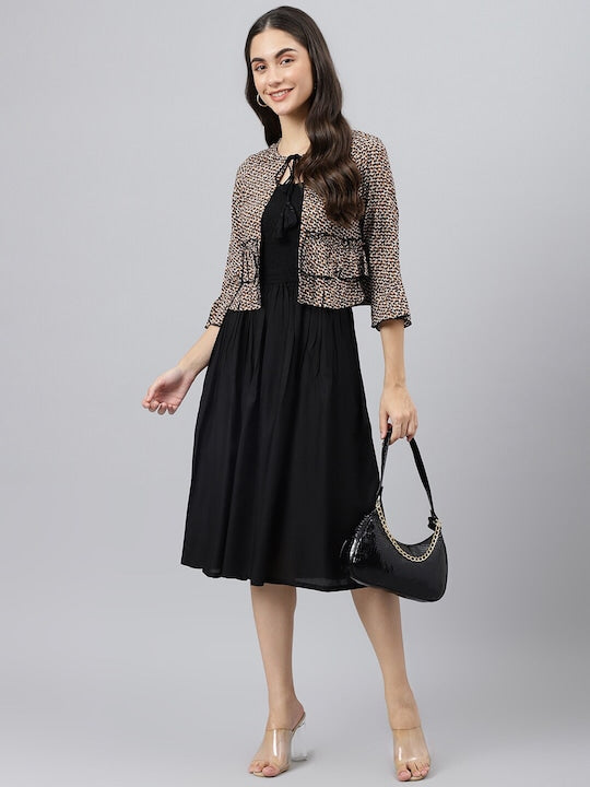 Black Cotton A-Line Midi Dress
