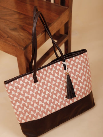 Pink and Brown Jacquard Self Design Tote Bag with Tassel Detail