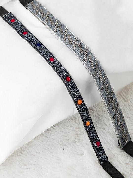 Women's Set Of 2 Grey Black Embellished Beaded Belts