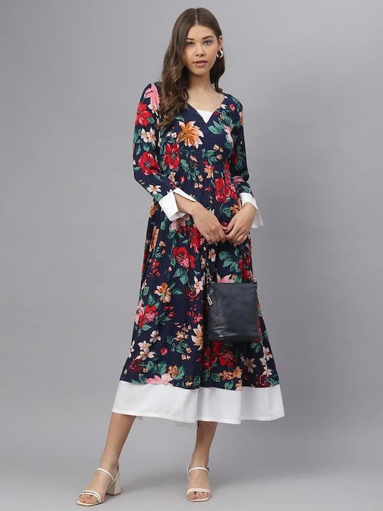 Navy Printed Floral Midi Dress With White Accents