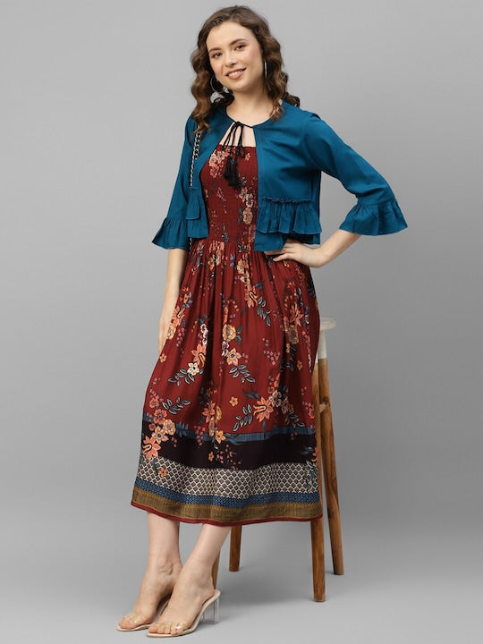 Maroon Floral Smocking Dress With Shrug