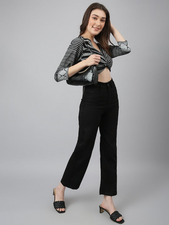 Grey Stripes Printed Pure Cotton Wrap Style Crop Top