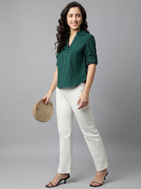 Women's Green Premium Roll-Up Sleeves Casual Shirt