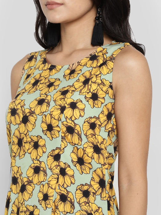 Sea Green Mustard Yellow Floral Poly Cotton High-Low Longline Top