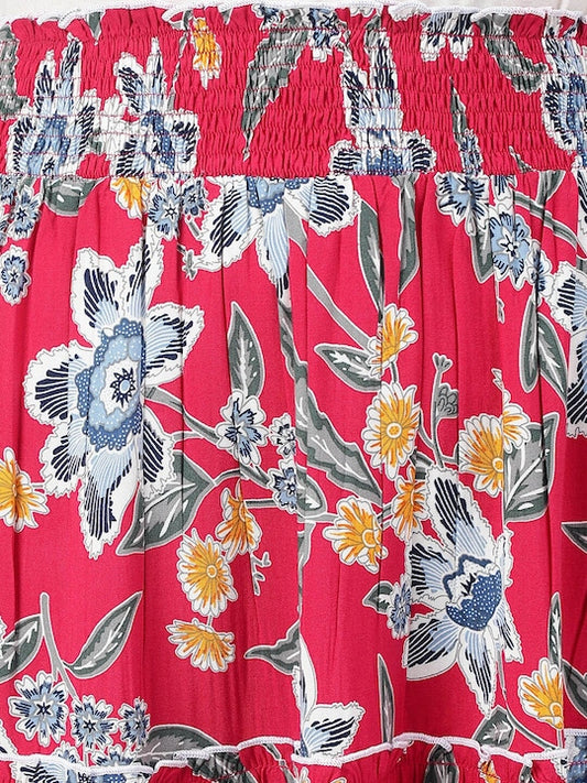 Women's Red Floral Printed Smocking Tiered Midi Skirt
